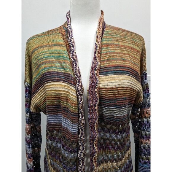 Soft Surroundings Multi Colored Striped Crochet Long Line Open Front Cardigan, S - Picture 2 of 9